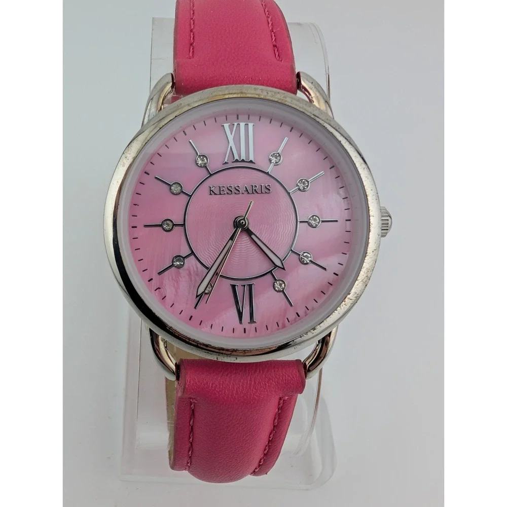 Kessaris Watch Women 35mm Silver Case Pink MOP Dial Pink‎ Band- New Battery